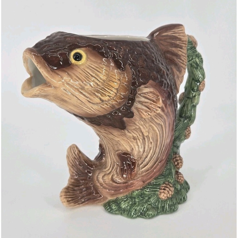 Vintage Gurgling Fish Pitcher Majolica Style Pinecone Glug Jug 9.5" Trout Cabin